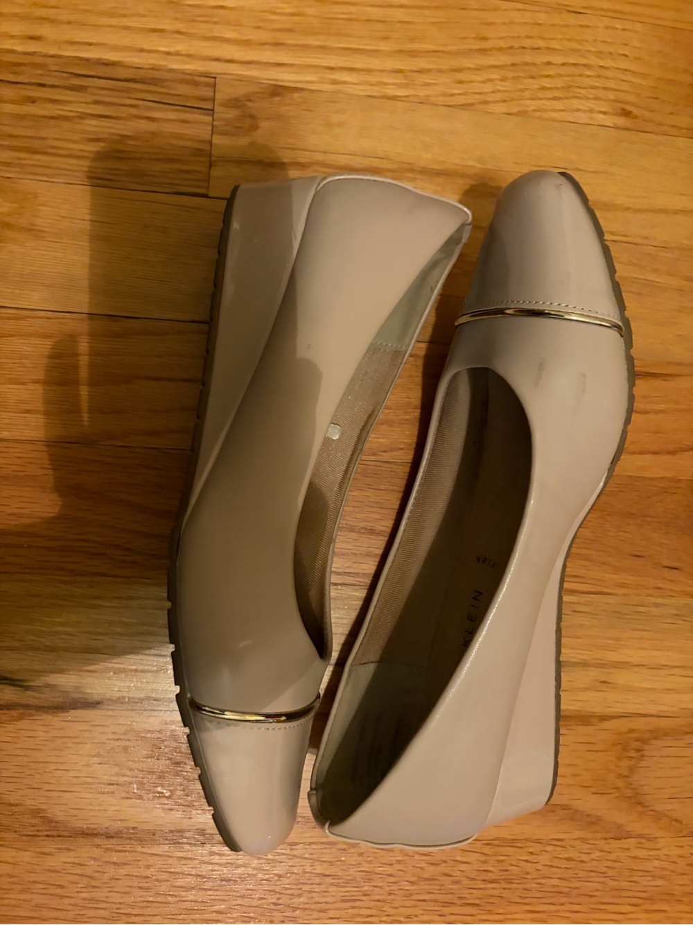 Anne Klein Beige Patent Wedge Flats with Gold Accent
